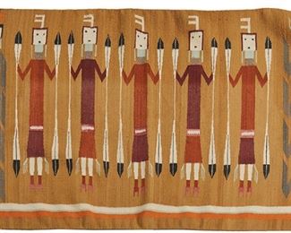 100
A Navajo Yei Weaving
Mid-20th Century
Woven in polychrome wool depicting five standing Yei and rainbow god
37.75" L x 50.75" W
Estimate: $300 - $500