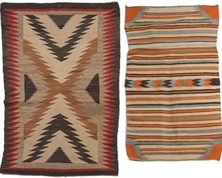 107
Two Navajo Rugs
Mid-20th Century
Comprising one rug woven in banded orange, blue, red, and cream with serrated corners and central stripe and one rug woven in red, dark brown, tan, and cream with serrated central X-motif and border, pieces
Larger: 62" L x 33" W; Smaller: 57" L x 29" W
Estimate: $500 - $700