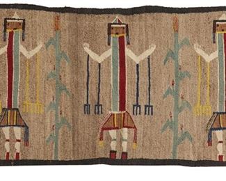 99
A Navajo Yei Weaving
Mid-20th Century
Woven in polychrome wool depicting three standing Yei with corn
33.75" L x 55" W
Estimate: $400 - $600