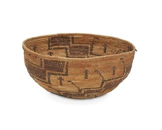 109
A Yokuts Basketry Bowl
First-quarter 20th Century
Woven with a polychrome stepped motif depicting either quail or caterpillars with additional floating crosses throughout
4" H x 8.75" Dia.
Estimate: $700 - $900