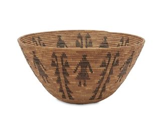 110
A Yokuts Polychrome Pictorial Basket
First-quarter 20th Century
Woven with alternating figures and stylized trees in seven sets
5.75" H x 11.5" Dia.
Estimate: $1,200 - $1,800