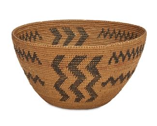 112
A Central California Basketry Bowl
First-quarter 20th Century
With alternating bands of vertical and horizontal zigzags
6.75" H x 12.25" Dia.
Estimate: $600 - $800