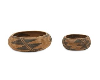 116
Two Matching Pomo Basketry Bowls
First-quarter 20th Century
Each finely woven with three serrated arms issuing from center, 2 pieces
Largest: 2.25" H x 7" Dia.; Smallest: 1.75" H x 4.5" Dia.
Estimate: $800 - $1,200