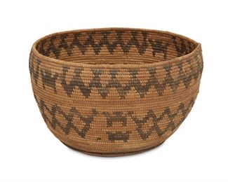 113
A Central California Basketry Bowl
First-quarter 20th Century
Woven with banded diamond motif serrated by animal figures
5.5" H x 9" Dia.
Estimate: $600 - $800