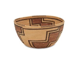 120
A Panamint (Timbisha Shoshone) Polychrome Basketry Bowl
First-half 20th Century
Finely woven with three stepped columns issuing from center
3.25" H x 6.25" Dia.
Estimate: $1,000 - $1,500