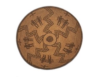 127
An Apache Figurative Basketry Bowl
First-quarter 20th Century <br />
With five figural pairs separated by checkered zigzag motif radiating from center
3.75" H x 14.125" Dia.
Estimate: $1,000 - $1,500