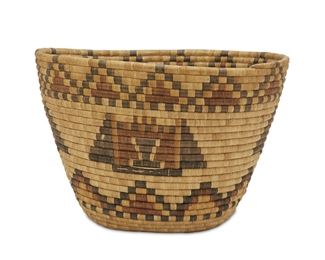 140
A Hopi Coiled Polychrome Basketry Storage Vessel
First-quarter 20th Century
With Crow Mother Kachina motif, in the traditional peach basket shape
12" H x 14.5" W x 17.5" D
Estimate: $500 - $700