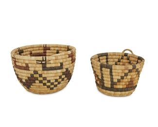 141
Two Hopi Coiled Polychrome Basketry Bowls
First-quarter 20th Century
Geometric motifs to each, largest with animal motif to edge, 2 pieces
Larger: 6" H x 9" Dia.; Smaller: 4.5" H x 7" Dia.
Estimate: $500 - $700