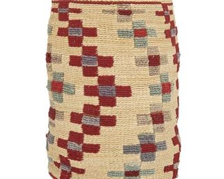 146
A Wasco Cornhusk Sally Bag
Mid-20th Century
Woven cornhusk with wool polychrome cross motif, trade cloth interior, and a hide handle
6.75" H x 4.5" Dia.
Estimate: $600 - $800