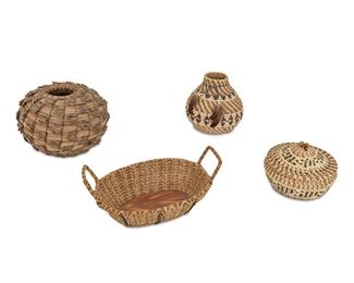 149
Four American Woven Pine Needle Baskets
Second-half 20th Century
One with Krayneck-Prince Studios label; One signed: Helen Dickerson / Masonville, Colo.
Comprising one Francina and Neil Prince woven Torrey pine bowl, an olla-form vessel with tied hide and feather tassels, a Helen Dickerson vessel tray with wood bottom, and a lidded vessel with acorn knob, 4 pieces
Largest: 6.25" H x 89.5" Dia.
Estimate: $200 - $300