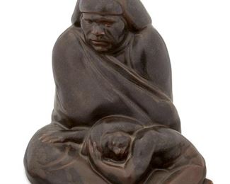 151
Donal Albert Hord
1902-1966, San Diego, CA
Mother And Child
Stoneware
Signed and numbered: DH [artist's cipher] / 17
8.25" H x 8.5" W x 8.25" D
Estimate: $1,000 - $1,500