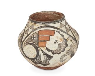 155
An Acoma Polychrome Pottery Vase
First-quarter 20th Century
Painted in slip glaze with avian motif and geometric details
5.5" H x 6" Dia.
Estimate: $200 - $300