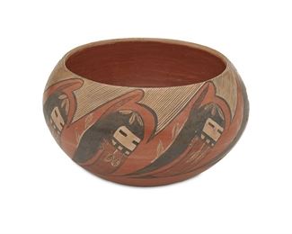157
A Dextra Quotskuyva Nampeyo Hopi-Tewa Pottery Bowl
(b. 1928, Hopi-Tewa)
Signed to underside: Dextra Quotskuyva with corn symbol
The polychrome Hopi-Tewa pottery bowl with red, cream, and black repeating figures, each with inlaid turquoise earrings
4.5" H x 7" Dia.
Estimate: $700 - $900