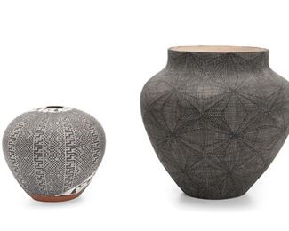 163
Two Acoma Fine Line Pottery Vessels
20th Century
First signed: G. Louis Acoma NM; Second signed: Acoma / NM / MC / Antonio
Each molded greenware, comprising a painted pottery vessel with fine line eye dazzler motif and a painted seed pot with fine line Kokopelli motif, 2 pieces
Larger: 10.75" H x 10" Dia.
Estimate: $300 - $500