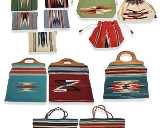 170
A Group Of Chimayo Handwoven Wool Purses
Mid-20th Century
Various makers including: Ganscraft, El Grandee, Fred Harvey, and Ortega's
Each sewn from hand-loomed New Mexico Chimayo wool weavings, varying colors and sizes, comprising seven zippered poutches, three with drawstring closures, two with braided handles and three with wood handles, 15 pieces
Larger approximately: 14.75" H x 13.5" W; Smaller approximately: 4. 75" H x 6.75" W
Estimate: $500 - $700
