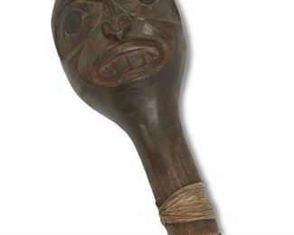 175
A Carved Polychrome Haida Rattle
Mid-20th Century
Figurative portrait head with shaft wrapped in fiber strands
8.5" H x 4" Dia.
Estimate: $500 - $700