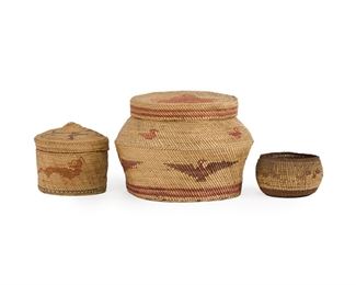 176
Three Northwest Coast Baskets
First-quarter 20th Century
Comprising a large polychrome lidded basket with red star to lid and avian motif to body, a polychrome lidded basket with avian motif, and a small openwork bowl, 3 pieces
Largest: 5.5" H x 8.5" Dia.; Smallest: 2" H x 3.25" Dia.
Estimate: $400 - $600