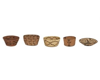 177
Five Native American Baskets
First-half 20th Century
Comprising five Papago, Pima, and Apache woven vessels with various geometric patterns, 5 pieces
Largest: 3.5" H x 7.625" Dia.
Estimate: $500 - $700