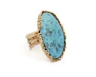 197
A Turquoise And Gold Free-Form Ring
18k yellow gold
Set with a table-cut turquoise stone
1.25" H x .875" W; Ring size: 7.5
24.3 grams
Estimate: $1,500 - $2,000