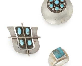 203
Three Frank Patania Jewelry Items
(1899-1964, American) <br /> Each stamped for Frank Patania; Further stamped: Sterling [Eagle]
Comprising two pendant/brooches set with turquoise cabochons and a turquoise-set ring
Ring size: 10; Larger brooch: 1.5" Dia.
45 grams
3 pieces
Estimate: $500 - $700