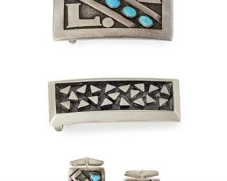 204
A Group Of Frank Patania Jewelry Items
(1899-1964, American) <br /> Each stamped for Frank Patania; Further stamped: Sterling
Comprising a silver belt buckle with triangular design, a belt buckle set with oval turquoise cabochons personalized: LL, and a pair of monogrammed cufflinks personalized: APB and LMK
Largest: 1.75" H x 2.75" W
130.5 grams
4 pieces
Estimate: $300 - $500
