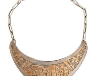 215
A Watson Honanie Silver And 14k Gold Hopi Necklace
Sterling & 14k yellow gold, stamped with makers mark for Watson Honanie
Designed with central plaque of a gold Pueblo village scene with Kokopelli within silver framework
15" L; plaque; 4.5" L x 1.75" H
78.4 grams
Estimate: $500 - $700