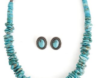222
A Group Of Navajo Silver And Turquoise Jewelry
Earrings stamped: P.A. Smith for Priscilla Smith
Comprising a tumbled turquoise necklace (23" L) and a pair of shadowbox earrings (.875" H x .75" W)
Earrings: 12.5 grams
3 pieces
Estimate: $200 - $300