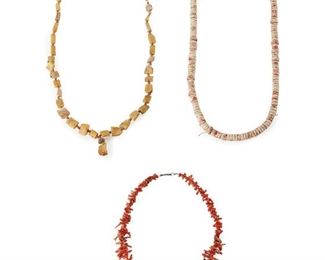 223
Three Santo Domingo-Style Necklaces
Comprising one with spiny oyster beads, one with branch coral beads, and one in yellow coral/shell
Longest: 27"
3 pieces
Estimate: $200 - $300