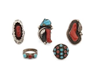 226
A Group Of Five Native American Rings
Each set with tuquoise and coral
Largest ring: Size 9.5, 1.3" H
33.3 grams
Estimate: $300 - $500