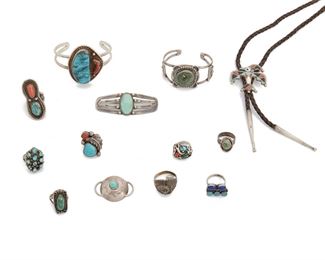 235
A Group Of Silver Native American And Southwest Jewelry
Comprising an eagle bolo tie inlaid with coral, turquoise, onyx, and mother-of-pearl, two cuff bracelets, eight various rings, and two pins
Largest cuff: 7" L x 2" W
198.5
13 pieces
Estimate: $500 - $700