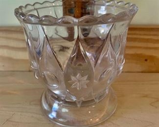 #1032A - Vintage pressed glass footed bowl with etched 8 point stars - $5