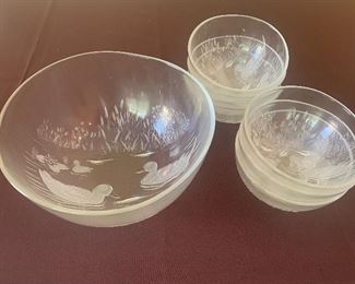 #1072A - Glass bowls with ducks; one serving and 6 individual - $58