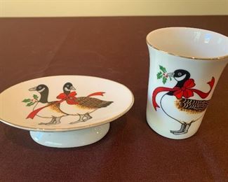 #1534C - Lenox Holiday geese pedestal soap/trinket plate and glass set - $10