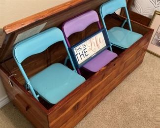 Cedar chest; small folding chairs