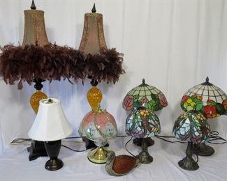 Table lamps (stained glasses, white shade with touch sensor, and a duck)