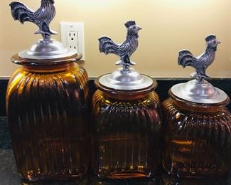 Set of (3) Amber Glass With Pewter Top Rooster Canisters