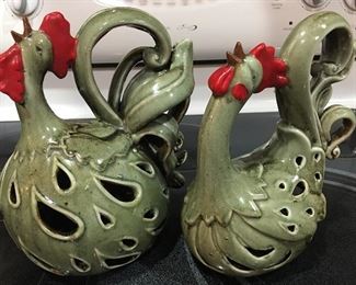Pair of Super Cute Pottery Roosters