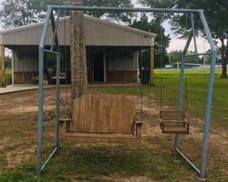 Super Cool!!!
Cypress Double Love Seat and Child’s Swing on Iron A-Frame Stand