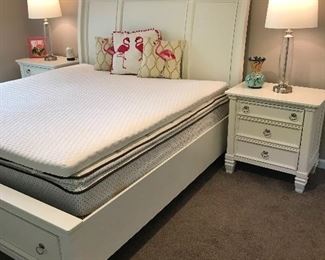 White Queen Size Storage Bed, Night Tables, Modern Lamps