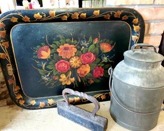 Large Painted  tray, milk jug , cast iron weights 
