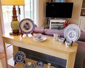 Sofa table , purple transfer ware plates 