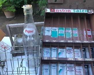 Metal Cigarette display, large glass pepsi bottle and metal Rand McNally Road Maps display