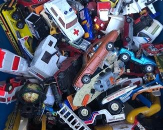 Large tub of vintage cars, trucks, and toys