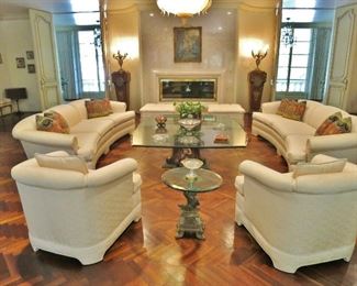 Pair of Hollywood Regency White Silk Brocade Sofas and Armchairs; Oversized Beveled Glass Coffee Table