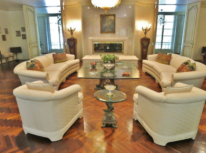 Pair of Hollywood Regency White Silk Brocade Sofas and Armchairs; Oversized Beveled Glass Coffee Table
