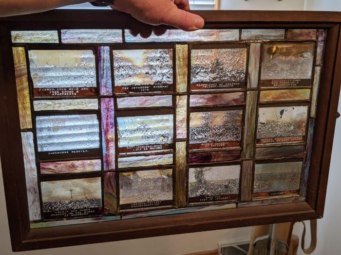 This is a leaded glass window pane with old photos on glass plates from France in the early 20th Century.  Firm at $100