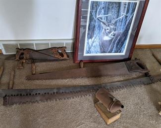 Large assortment of antique tools, including these logging saws and bee smoker.
