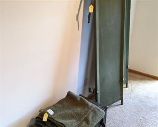 2 military cots, wool blanket and foot locker