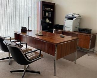 Mid Century Modern Desk, Credenza & Knoll Executive Chairs