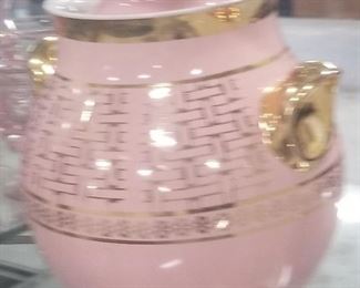 Pink and Gold hall's Basket weave big eared cookie jar